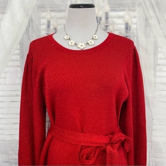 Calvin Klein Red Metallic Tie-Waist Sweater Dress Knit Long Sleeve Pull On NWT - Picture 5 of 16